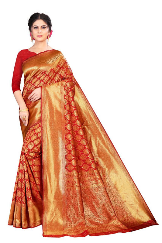 Radiant Red and Gold Banarasi Silk Saree for Women | Traditional Indian Sari for Weddings & Festive Celebrations | Includes Matching Blouse Piece