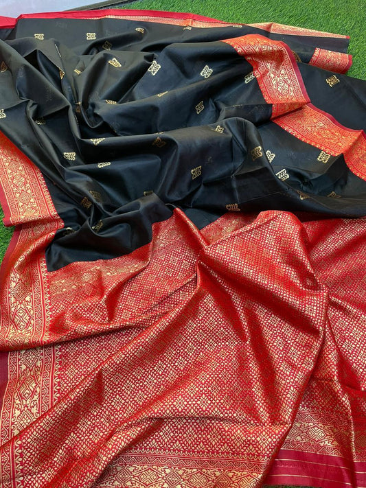 Black and Red Banarasi Silk Saree for Women with Rich Zari Border – Traditional Saree with Blouse Piece for Wedding, Party & Festive Wear