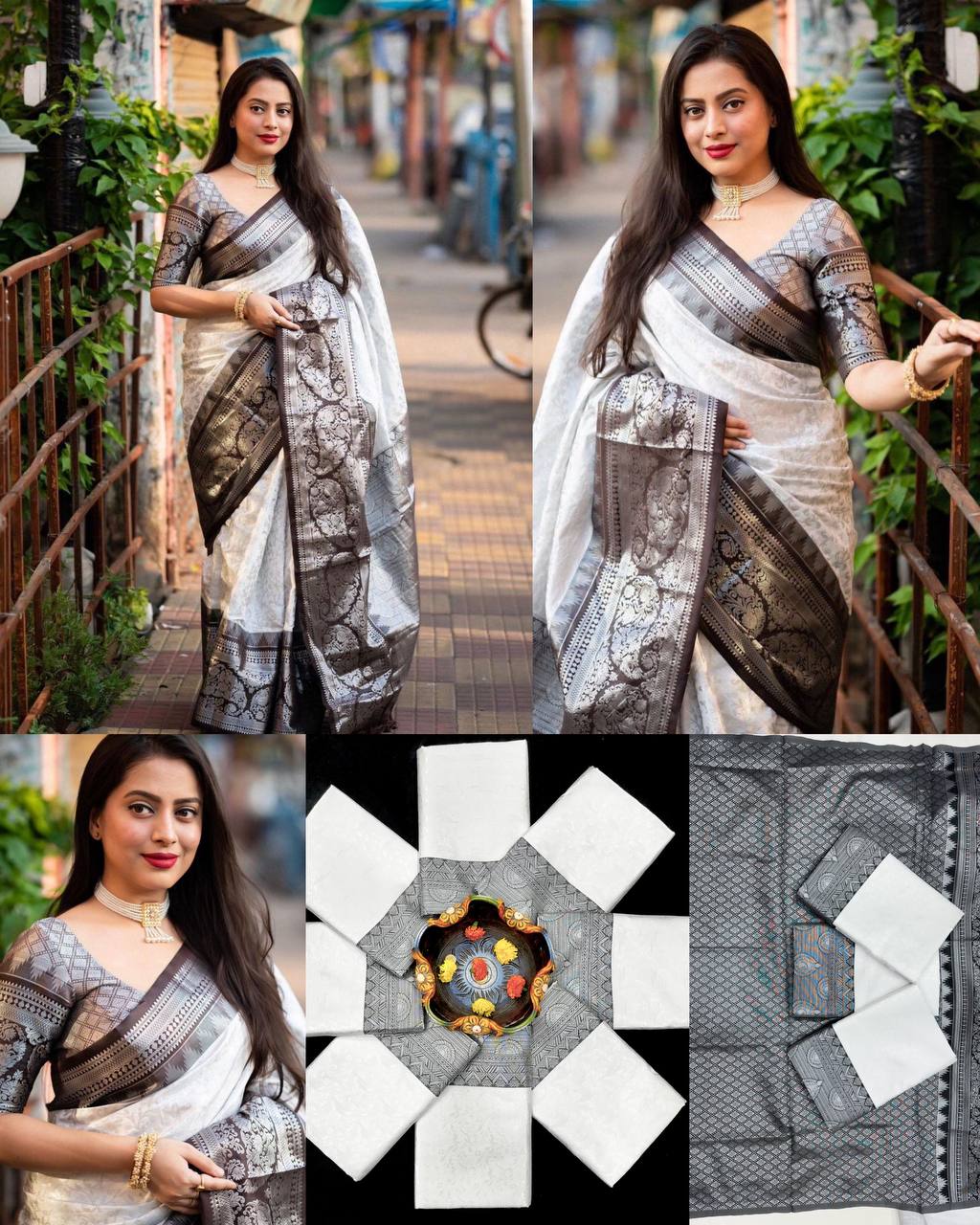 Elegant White and Black Soft Silk Sari for Women | Traditional Woven Banarasi Saree with Rich Border & Pallu | Party & Festive Wear Sari with Blouse Piece