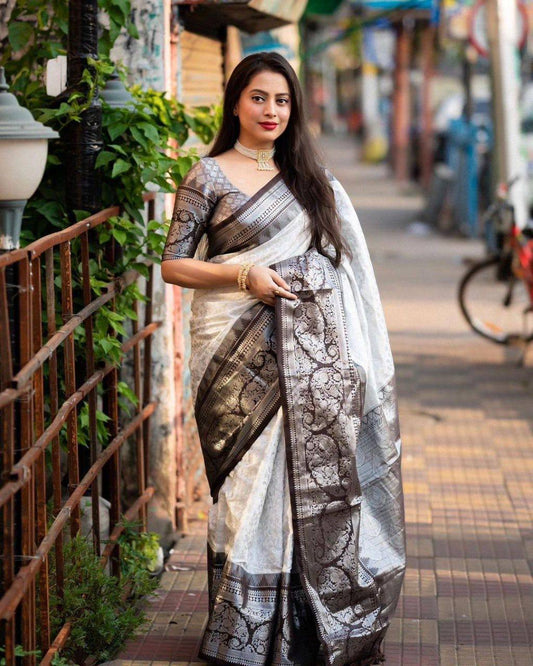 Elegant White and Black Soft Silk Sari for Women | Traditional Woven Banarasi Saree with Rich Border & Pallu | Party & Festive Wear Sari with Blouse Piece