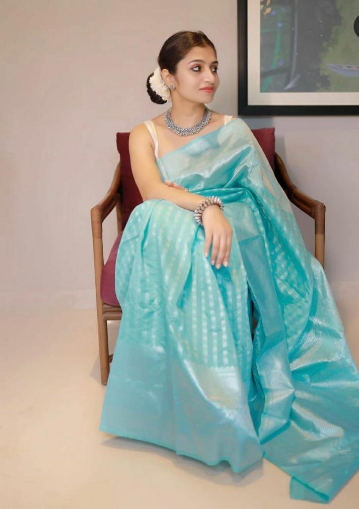 Elegant Banarasi Silk Saree for Women - Kanjivaram Sari with Blouse Piece - 5.5 Mtr Aqua Blue Party Wear Saree for Office, Festival, Wedding, Evening