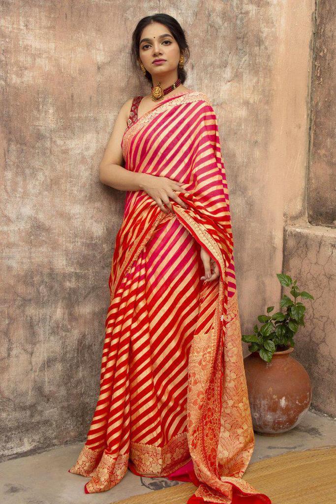 Vibrant Banarasi Silk Saree for Women - Stunning Red and Gold Sari with Blouse Piece - 5.5 Mtr Party Wear for Festivals and Weddings