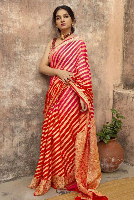 Vibrant Banarasi Silk Saree for Women - Stunning Red and Gold Sari with Blouse Piece - 5.5 Mtr Party Wear for Festivals and Weddings