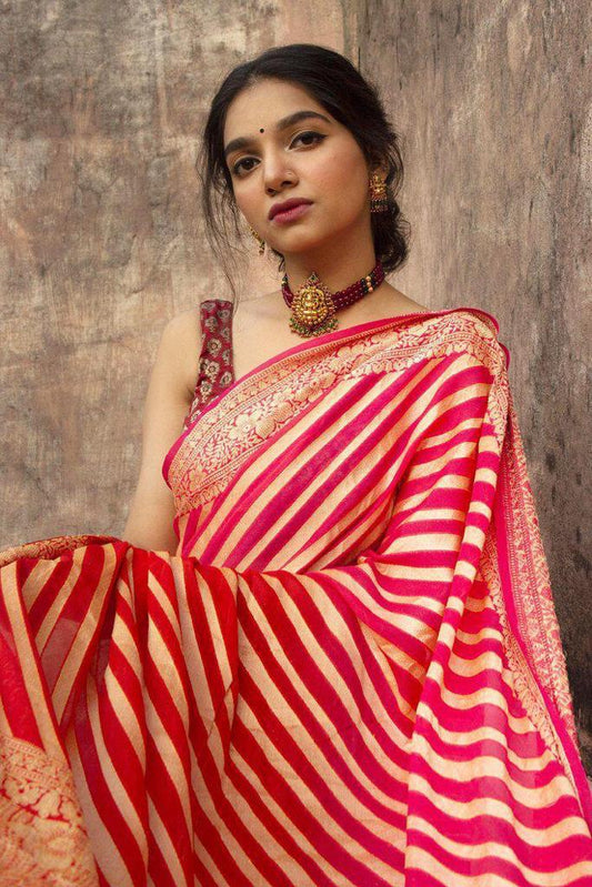 Vibrant Banarasi Silk Saree for Women - Stunning Red and Gold Sari with Blouse Piece - 5.5 Mtr Party Wear for Festivals and Weddings