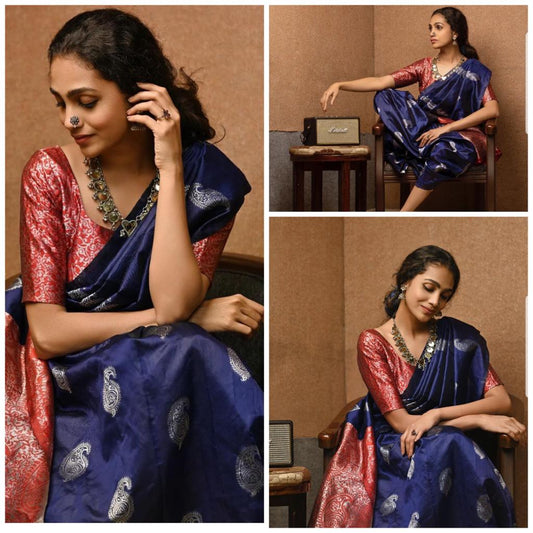 Sophisticated Kanjivaram Silk Saree for Women - Elegant Navy Blue Sari with Blouse Piece - 5.5 Mtr Party Wear for Festivals and Weddings