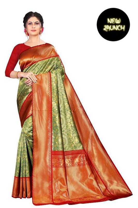Green and Copper Zari Woven Banarasi Silk Saree for Women – Elegant Traditional Silk Saree with Red Border & Blouse Piece for Wedding & Festive Wear