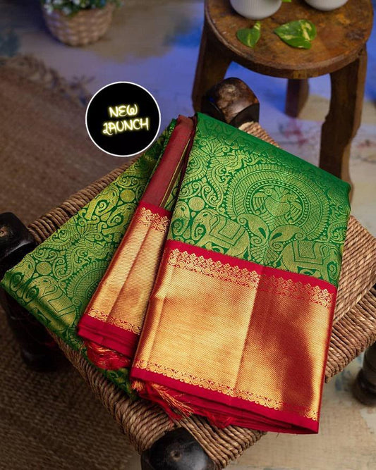 Green and Copper Zari Woven Banarasi Silk Saree for Women – Elegant Traditional Silk Saree with Red Border & Blouse Piece for Wedding & Festive Wear