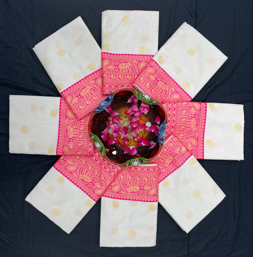 Elegant Cream and Pink Silk Saree for Women | Kanjivaram Style Woven Banarasi Sari for Wedding & Festive Wear | Includes Contrasting Blouse Piece