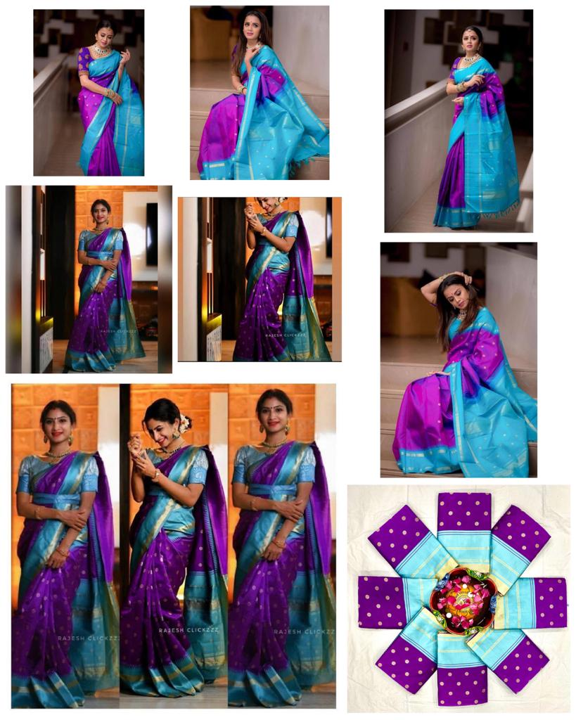 Stunning Kanjivaram Silk Saree for Women - Vibrant Purple and Blue Sari with Blouse Piece - 5.5 Mtr Party Wear for Festivals and Weddings