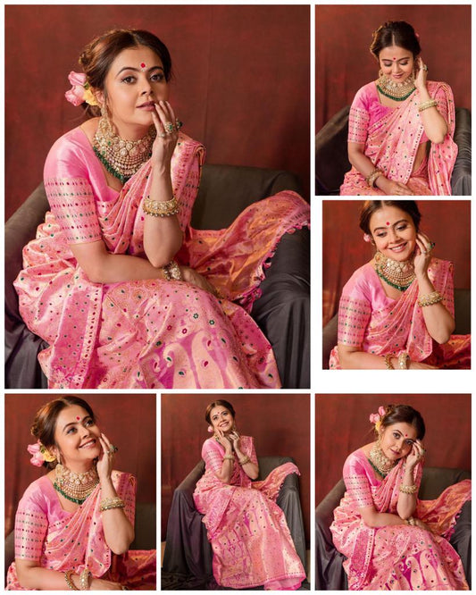 Designer Pink Banarasi Silk Saree for Women – Wedding & Party Wear Embroidered Saree with Rich Zari Weaving & Blouse Piece