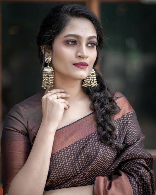 Elegant Chocolate Brown Soft Lichi Silk Saree for Women | Rich Weave Pattern with Contrast Border & Blouse Piece – Wedding, Party & Office Wear Saree