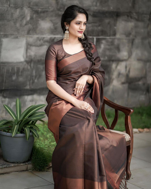 Elegant Chocolate Brown Soft Lichi Silk Saree for Women | Rich Weave Pattern with Contrast Border & Blouse Piece – Wedding, Party & Office Wear Saree
