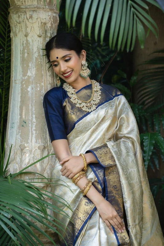 Elegant Cream and Navy Blue Silk Saree for Women | Kanjivaram Style Banarasi Sari for Wedding & Festive Wear | Includes Contrasting Blouse Piece