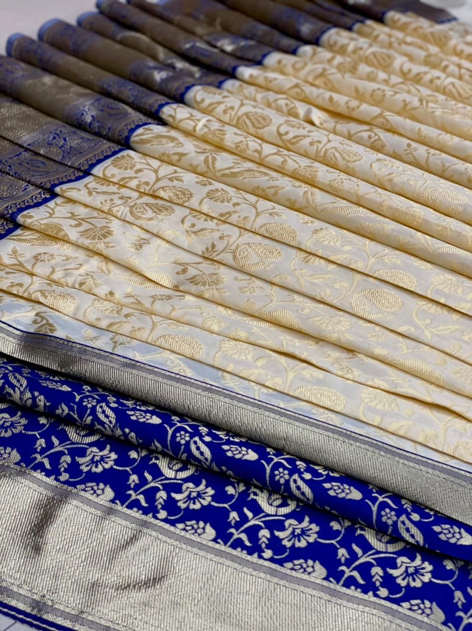 Elegant Cream and Navy Blue Silk Saree for Women | Kanjivaram Style Banarasi Sari for Wedding & Festive Wear | Includes Contrasting Blouse Piece