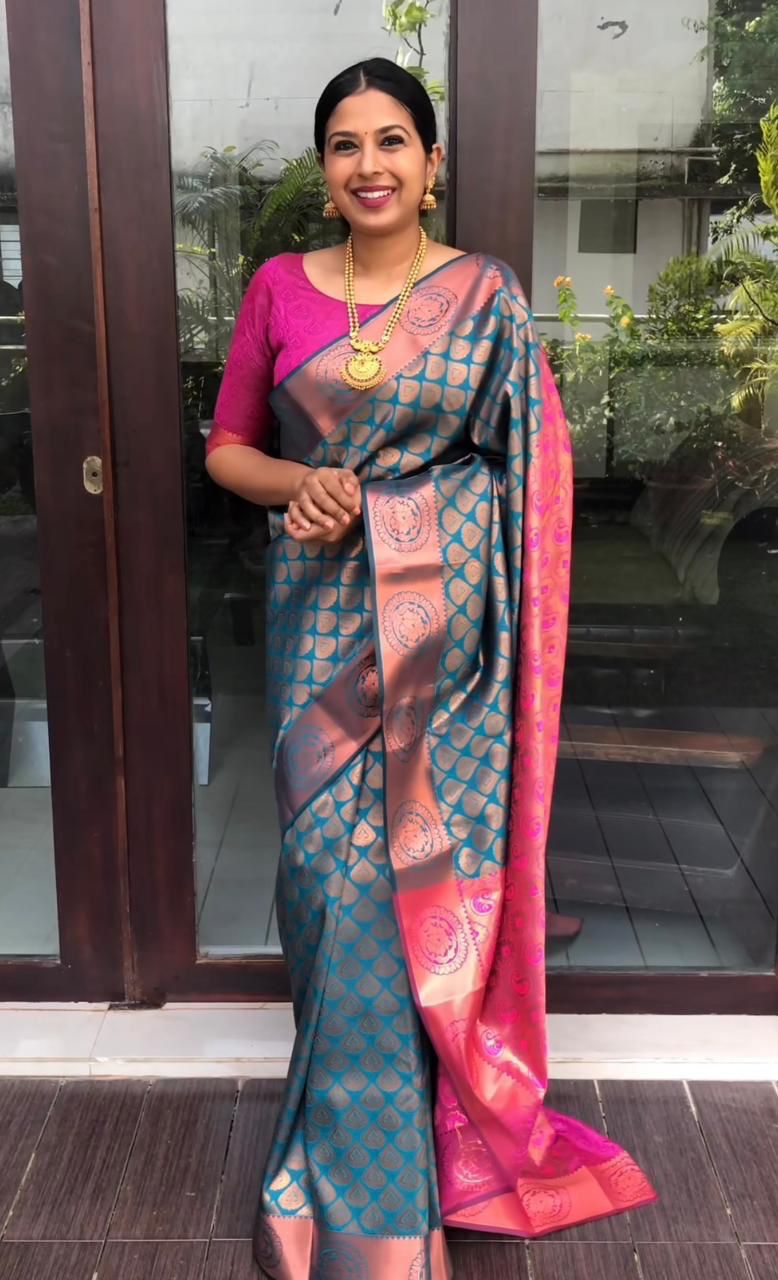 Teal Blue & Pink Banarasi Silk Saree for Women with Zari Weaving | Traditional Kanjivaram Style Party Wear Saree with Blouse Piece – 5.5 Meters