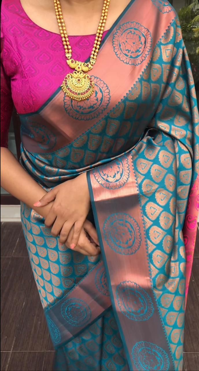 Teal Blue & Pink Banarasi Silk Saree for Women with Zari Weaving | Traditional Kanjivaram Style Party Wear Saree with Blouse Piece – 5.5 Meters