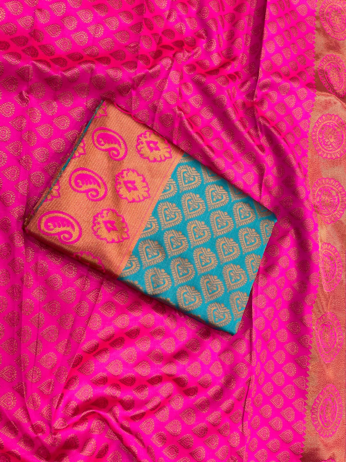 Teal Blue & Pink Banarasi Silk Saree for Women with Zari Weaving | Traditional Kanjivaram Style Party Wear Saree with Blouse Piece – 5.5 Meters