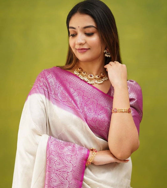White and Pink Banarasi Silk Saree for Women | Traditional Kanjivaram-Style Saree with Rich Zari Weaving and Blouse Piece – Perfect for Wedding, Party & Festive Wear