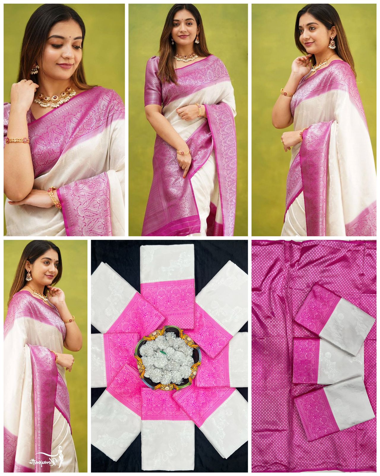 White and Pink Banarasi Silk Saree for Women | Traditional Kanjivaram-Style Saree with Rich Zari Weaving and Blouse Piece – Perfect for Wedding, Party & Festive Wear