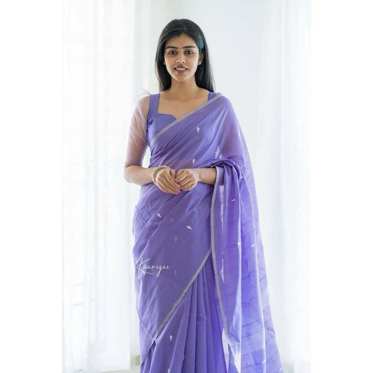 Graceful Lavender Cotton Saree for Women with Silver Border – Elegant Soft Sari with Blouse Piece for Office, Party & Festival Wear