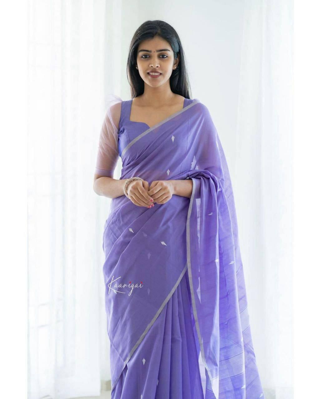 Graceful Lavender Cotton Saree for Women with Silver Border – Elegant Soft Sari with Blouse Piece for Office, Party & Festival Wear