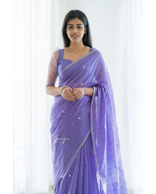 Graceful Lavender Cotton Saree for Women with Silver Border – Elegant Soft Sari with Blouse Piece for Office, Party & Festival Wear