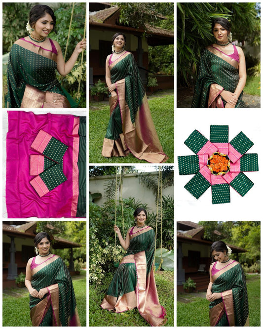 Exquisite Kanjivaram Silk Saree for Women - Elegant Green Sari with Blouse Piece - 5.5 Mtr Party Wear for Festivals, Weddings, and Evening Events