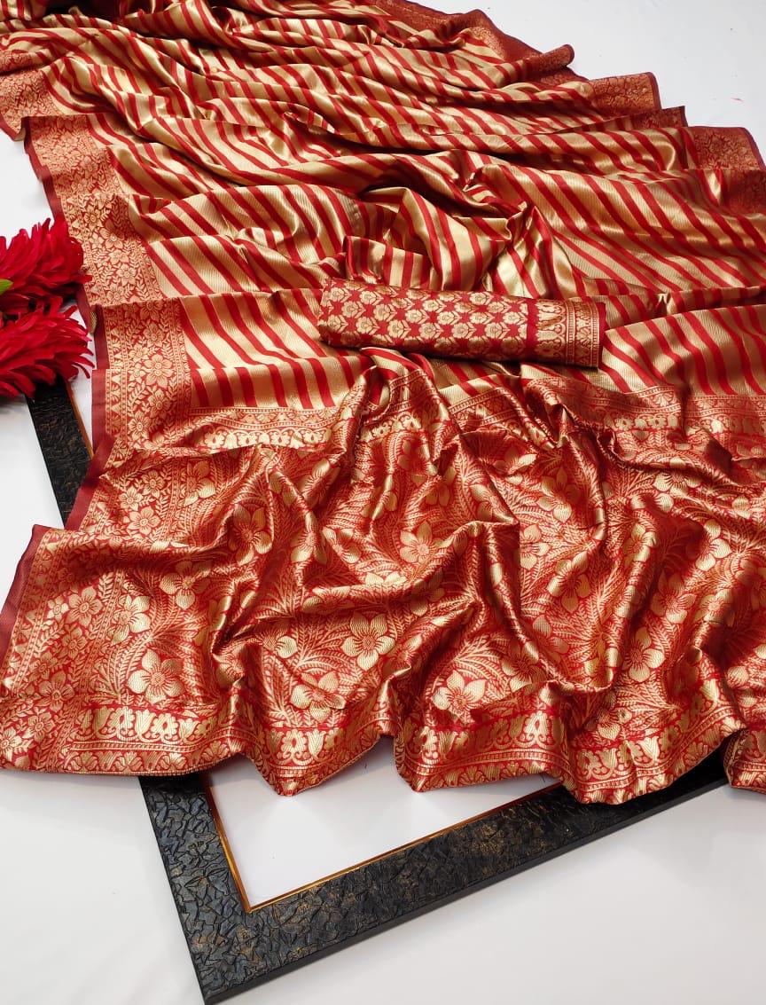 Vibrant Banarasi Silk Saree for Women - Stunning Red and Gold Sari with Blouse Piece - 5.5 Mtr Party Wear for Festivals and Weddings