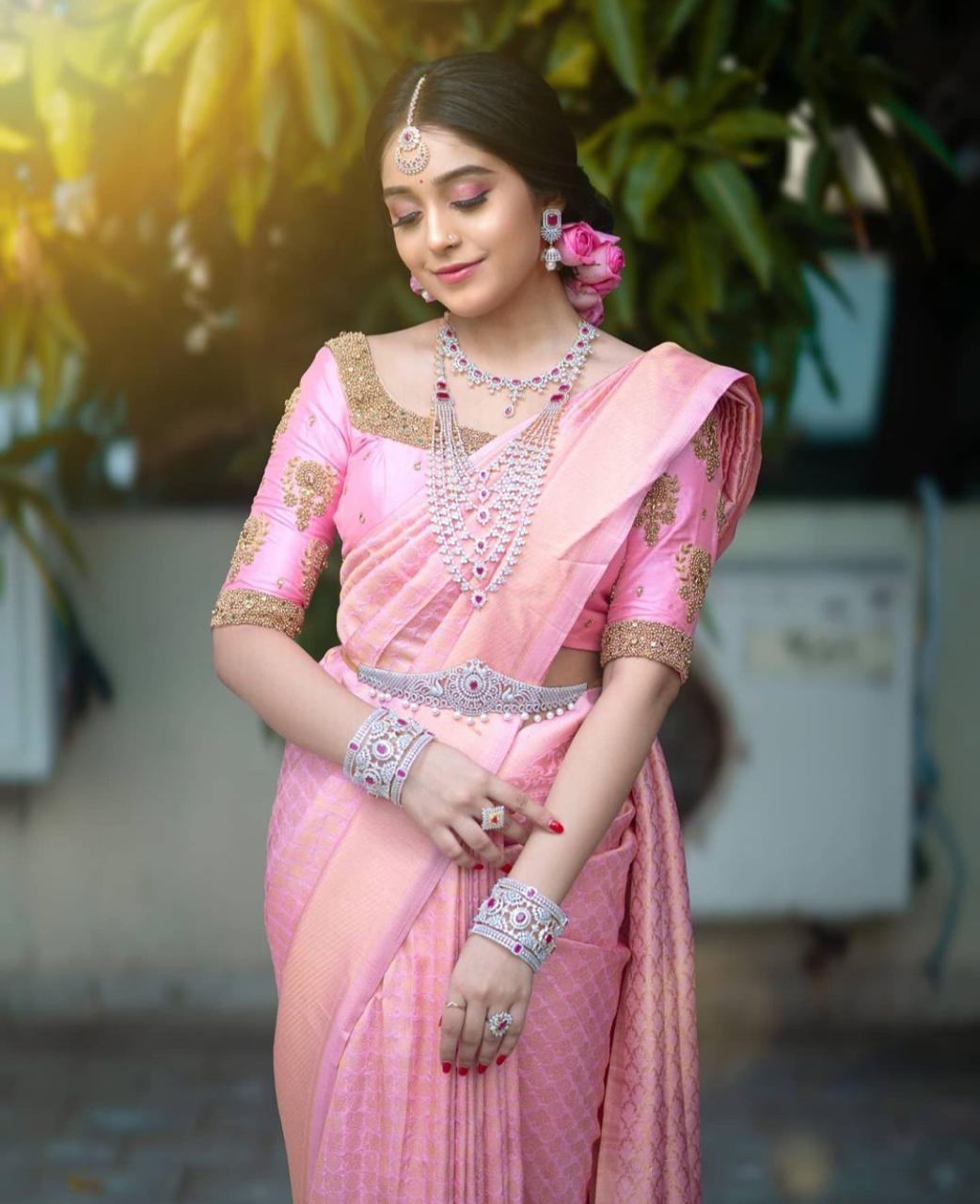 Elegant Pastel Pink Silk Saree for Women | Kanjivaram Style Banarasi Sari for Wedding & Festive Wear | Includes Designer Blouse Piece