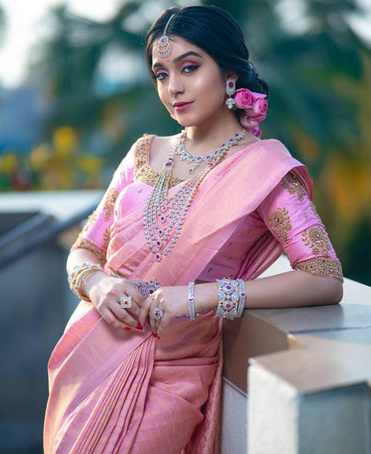 Elegant Pastel Pink Silk Saree for Women | Kanjivaram Style Banarasi Sari for Wedding & Festive Wear | Includes Designer Blouse Piece