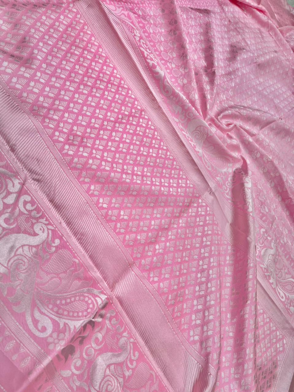 Elegant Pastel Pink Silk Saree for Women | Kanjivaram Style Banarasi Sari for Wedding & Festive Wear | Includes Designer Blouse Piece