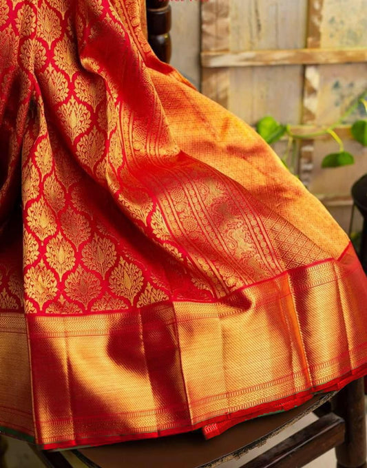 Radiant Red and Gold Banarasi Silk Saree for Women | Traditional Indian Sari for Weddings & Festive Celebrations | Includes Matching Blouse Piece