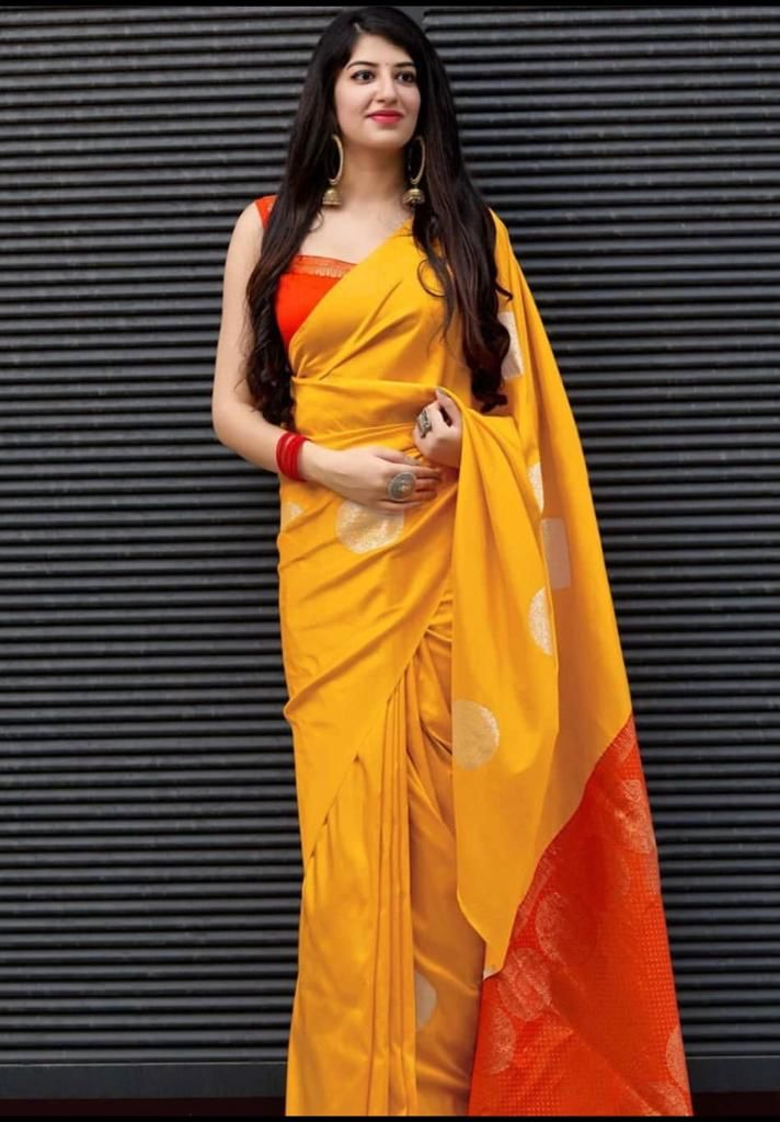 Vibrant Kanjivaram Silk Saree for Women - Stunning Yellow and Orange Sari with Blouse Piece - 5.5 Mtr Party Wear for Festivals and Weddings