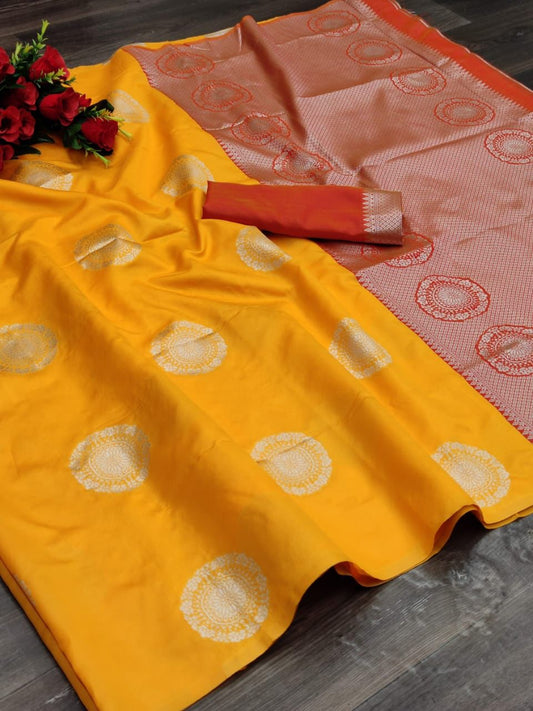 Vibrant Kanjivaram Silk Saree for Women - Stunning Yellow and Orange Sari with Blouse Piece - 5.5 Mtr Party Wear for Festivals and Weddings