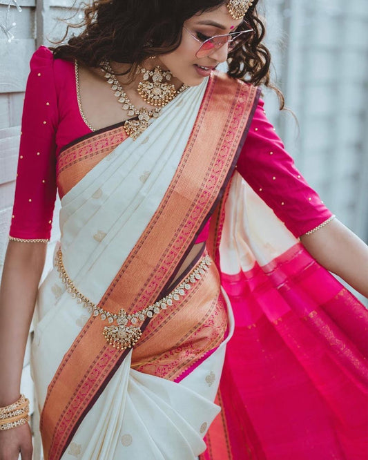 Elegant Cream and Pink Silk Saree for Women | Kanjivaram Style Woven Banarasi Sari for Wedding & Festive Wear | Includes Contrasting Blouse Piece