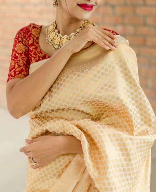Luxurious Kanjivaram Silk Saree for Women - Elegant Beige and Red Sari with Blouse Piece - 5.5 Mtr Party Wear for Festivals and Weddings