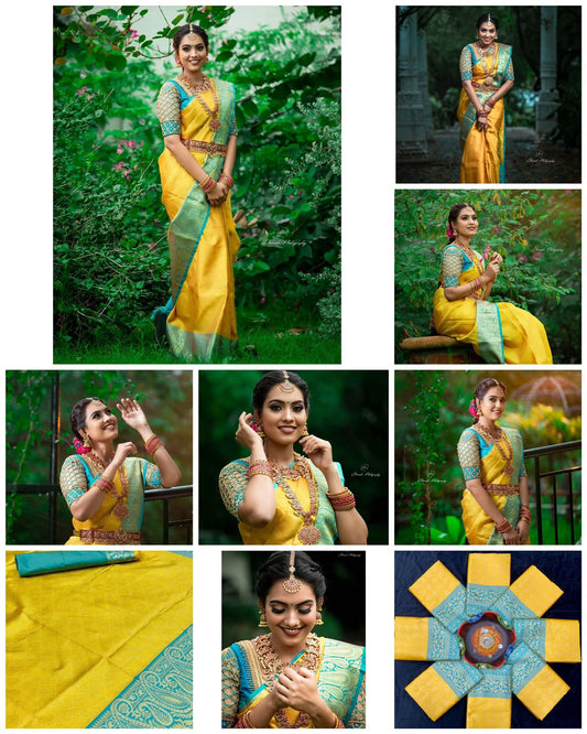 Vibrant Yellow and Teal Silk Saree for Women | Traditional Indian Sari for Festive and Wedding Celebrations | Includes Embellished Blouse Piece