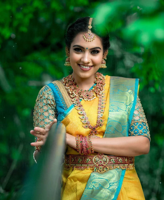 Vibrant Yellow and Teal Silk Saree for Women | Traditional Indian Sari for Festive and Wedding Celebrations | Includes Embellished Blouse Piece