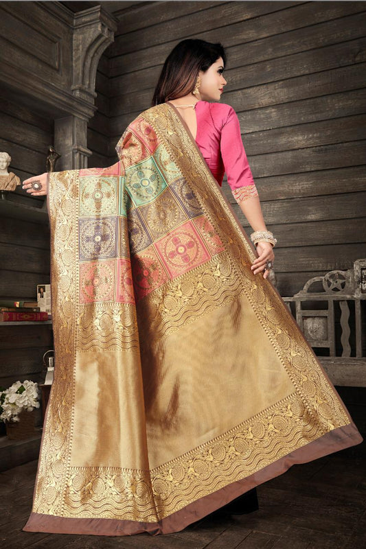 Multicolor Soft Banarasi Silk Saree for Women | Traditional Golden Zari Woven Pallu & Rich Design | Blouse Piece Included – Wedding, Festival & Party Wear Saree