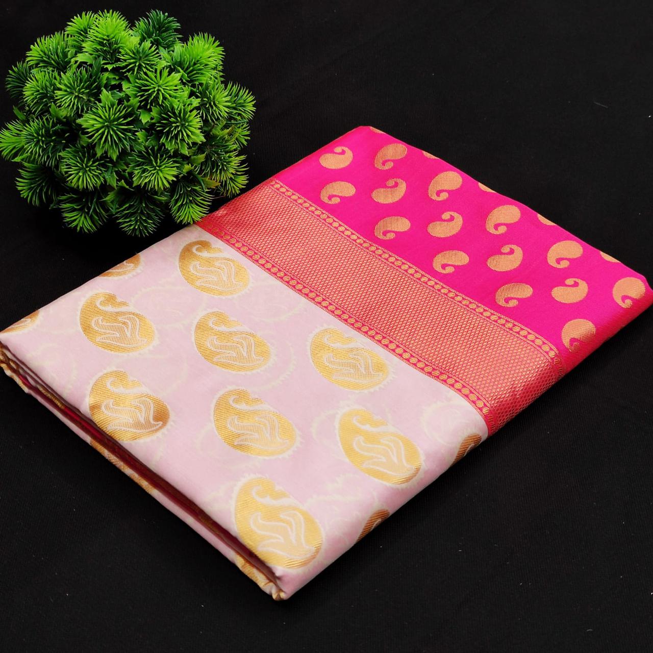 Elegant White and Rani Pink Banarasi Silk Saree with Golden Butta Weaving | Festive Wear Silk Sari with Rich Pallu & Designer Blouse Piece