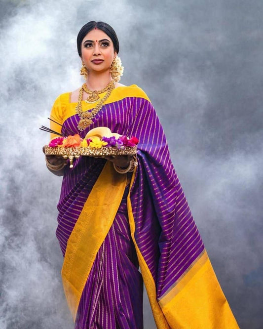 Purple and Mustard Yellow Banarasi Silk Saree for Women | Traditional Kanjivaram Style Paithani-Inspired Saree with Golden Zari Border & Blouse Piece – Perfect for Festival, Wedding & Party Wear