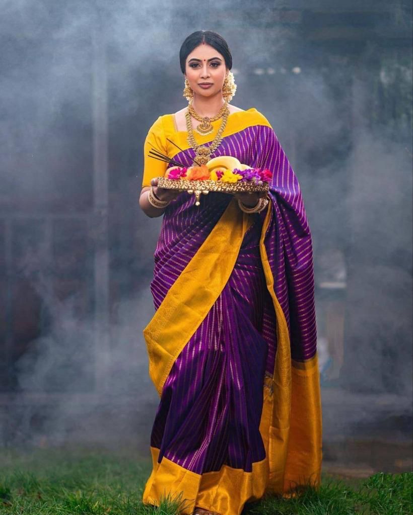 Purple and Mustard Yellow Banarasi Silk Saree for Women | Traditional Kanjivaram Style Paithani-Inspired Saree with Golden Zari Border & Blouse Piece – Perfect for Festival, Wedding & Party Wear