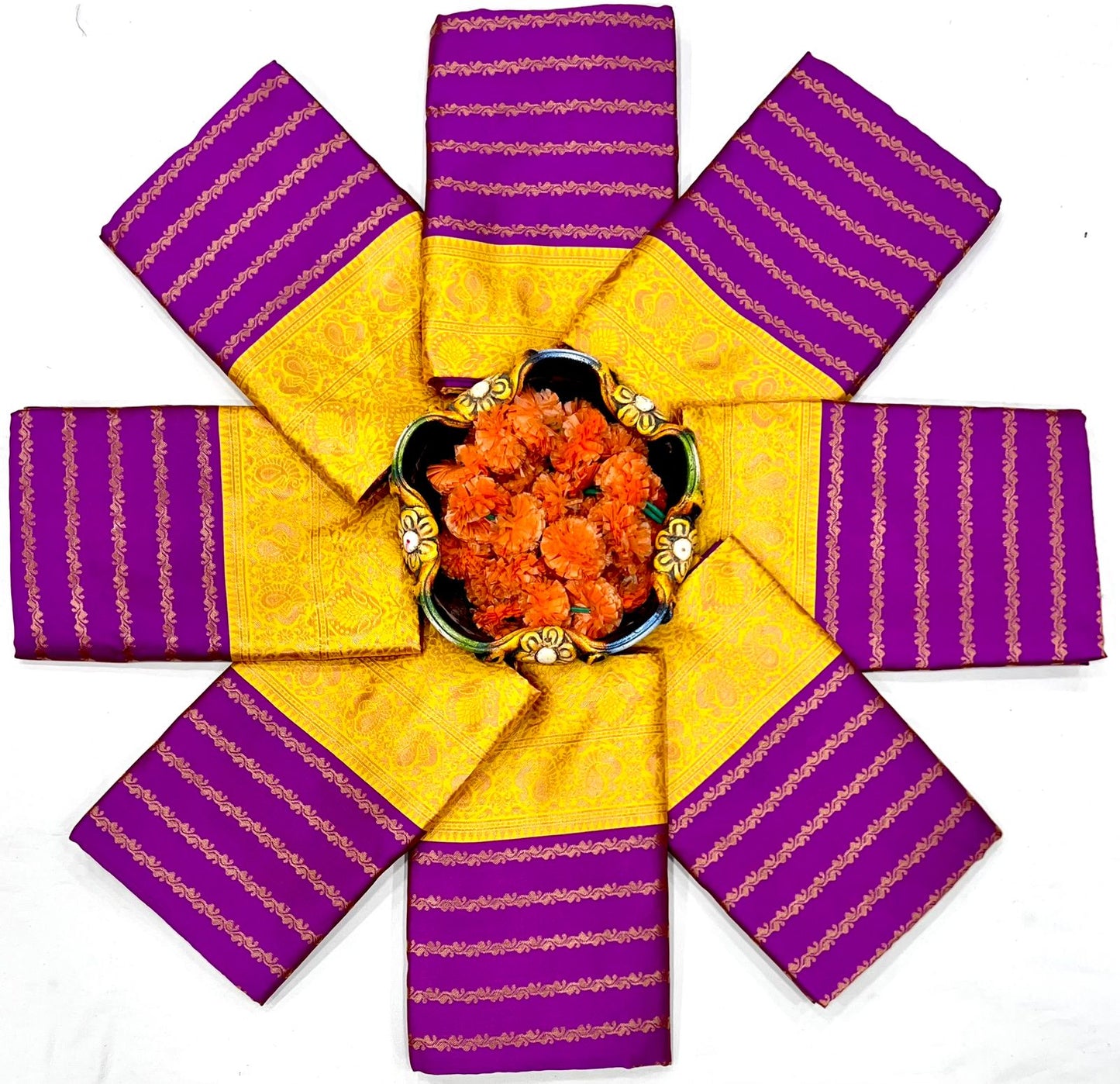 Purple and Mustard Yellow Banarasi Silk Saree for Women | Traditional Kanjivaram Style Paithani-Inspired Saree with Golden Zari Border & Blouse Piece – Perfect for Festival, Wedding & Party Wear