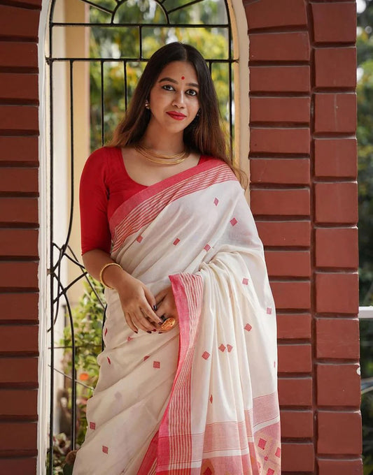 Handwoven Off-White Cotton Sari with Red Temple Border & Geometric Pallu | Bengali Traditional Saree for Women | Soft Cotton Saree with Blouse Piece