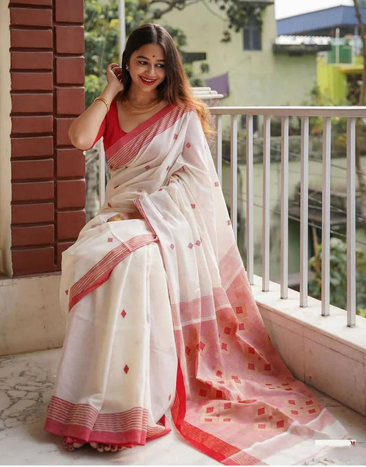Handwoven Off-White Cotton Sari with Red Temple Border & Geometric Pallu | Bengali Traditional Saree for Women | Soft Cotton Saree with Blouse Piece