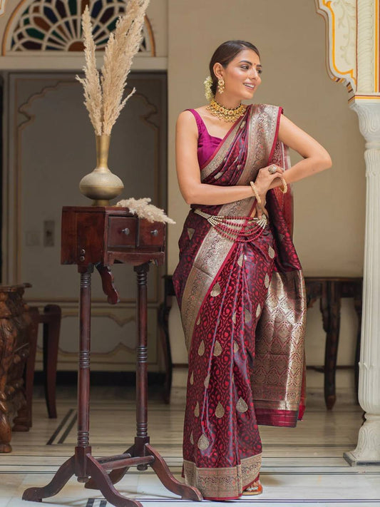 Elegant Maroon & Black Banarasi Silk Saree for Women – Traditional Kanjivaram Style Sari with Blouse Piece | Wedding, Party & Festival Wear Silk Saree
