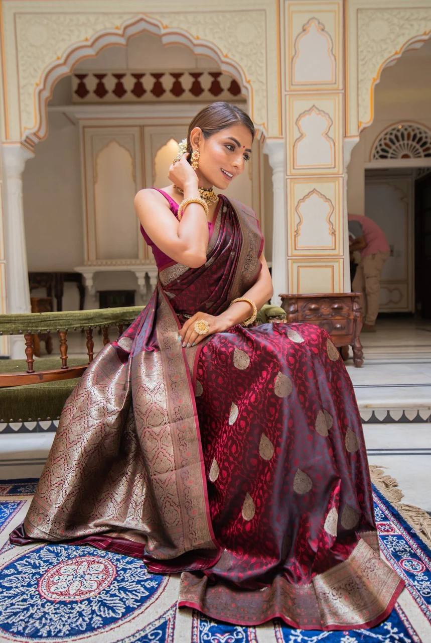Elegant Maroon & Black Banarasi Silk Saree for Women – Traditional Kanjivaram Style Sari with Blouse Piece | Wedding, Party & Festival Wear Silk Saree