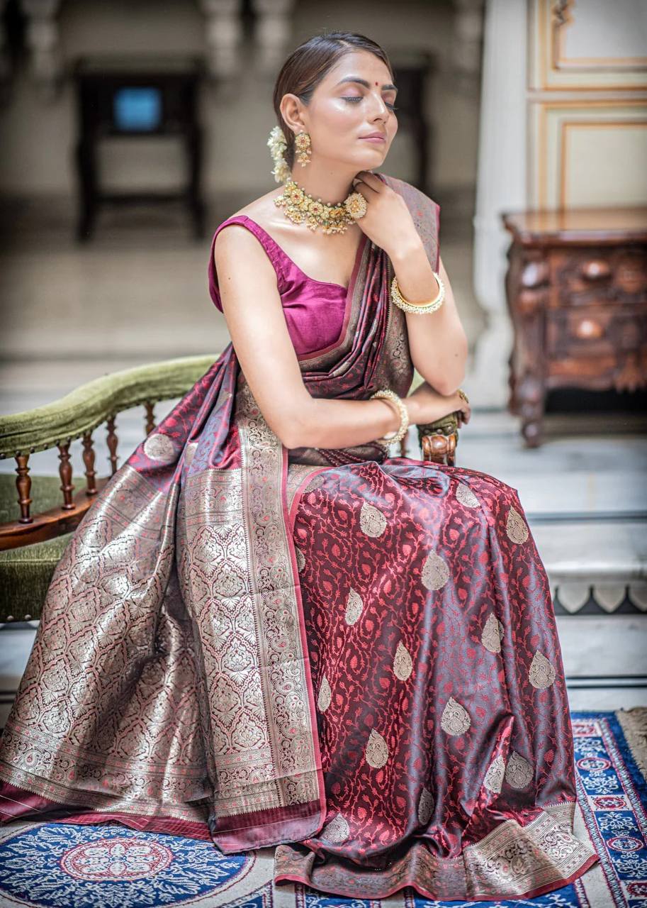 Elegant Maroon & Black Banarasi Silk Saree for Women – Traditional Kanjivaram Style Sari with Blouse Piece | Wedding, Party & Festival Wear Silk Saree