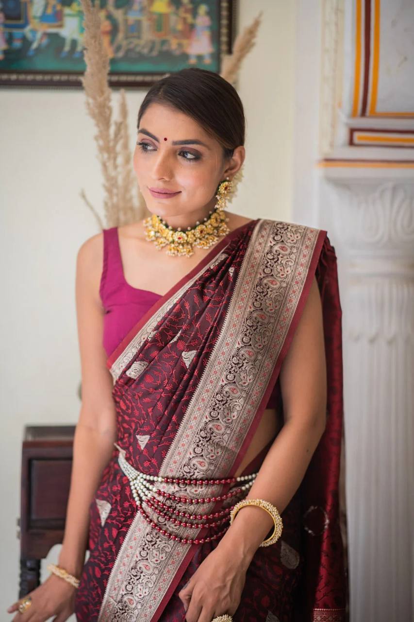 Elegant Maroon & Black Banarasi Silk Saree for Women – Traditional Kanjivaram Style Sari with Blouse Piece | Wedding, Party & Festival Wear Silk Saree