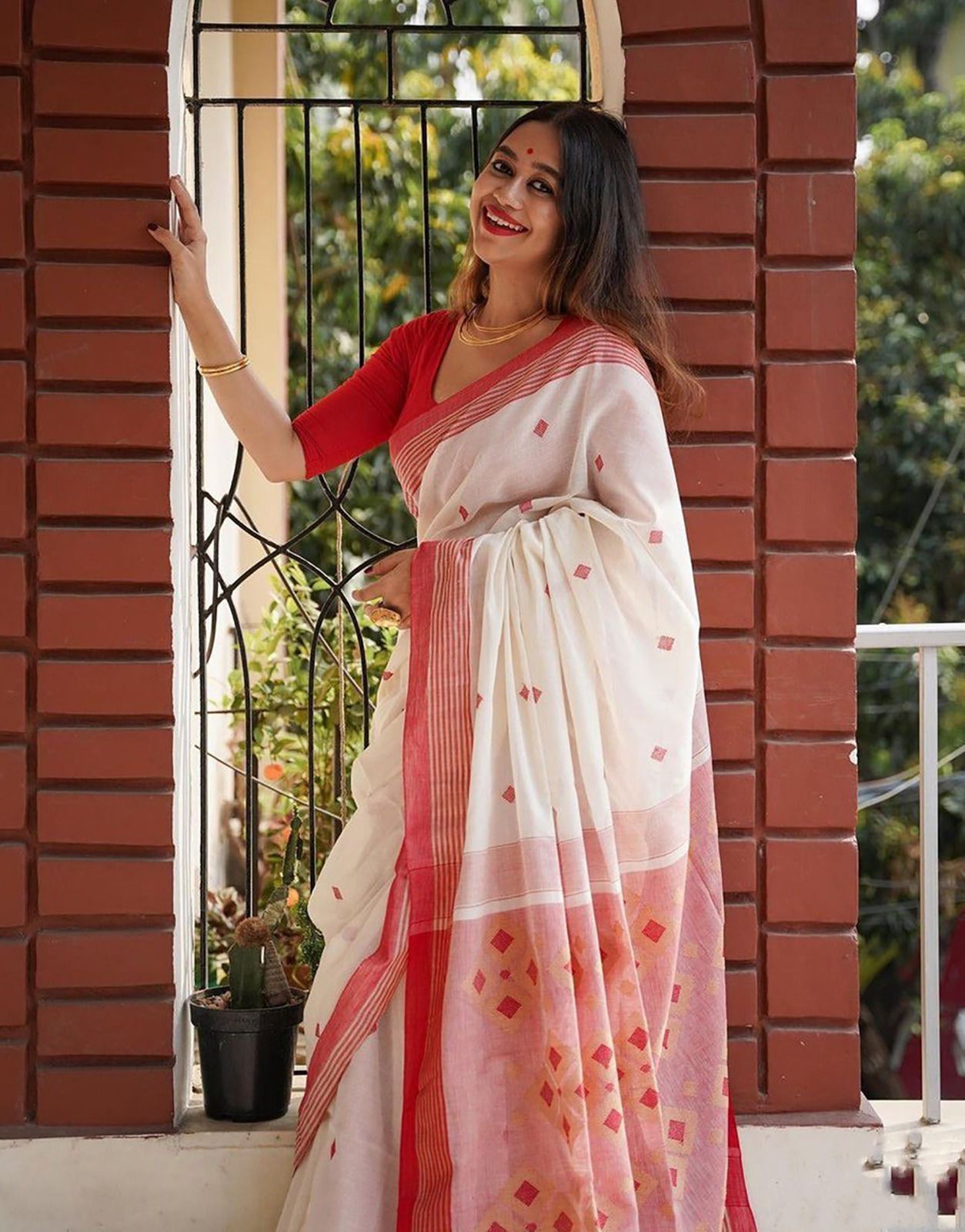 Red and White Saree